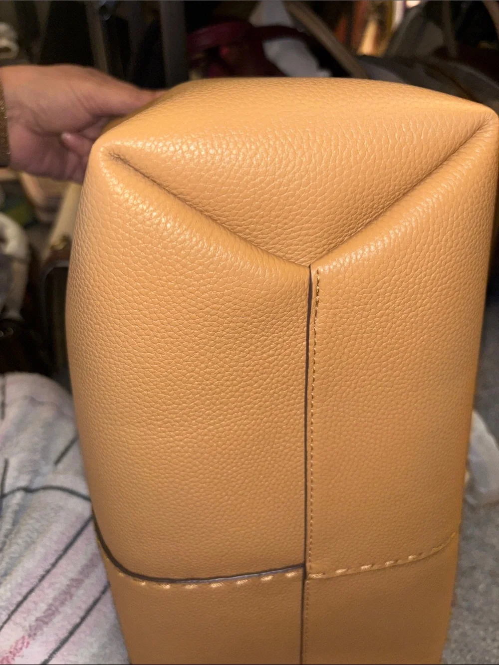 Tory Burch Camel Tan Pebbled Leather Tote with Logo